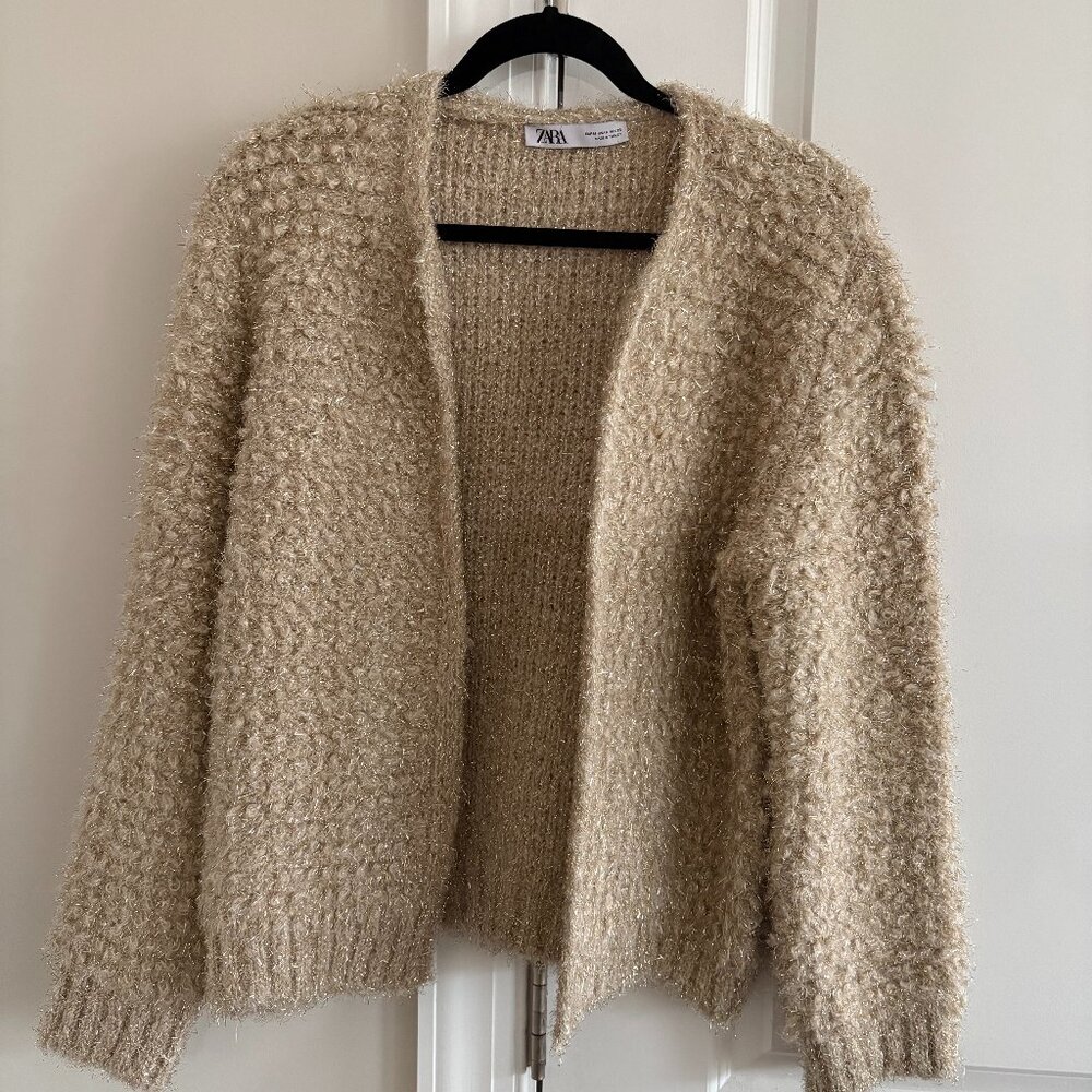 Zara Beige and Gold Metallic Textured Open-Front Cardigan Sweater - SZ M